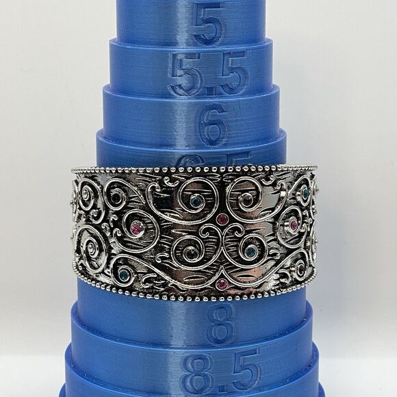 Silver Tone Metal Multicolor Rhinestone Cuff Bracelet Statement Boho Embossed - Picture 6 of 6